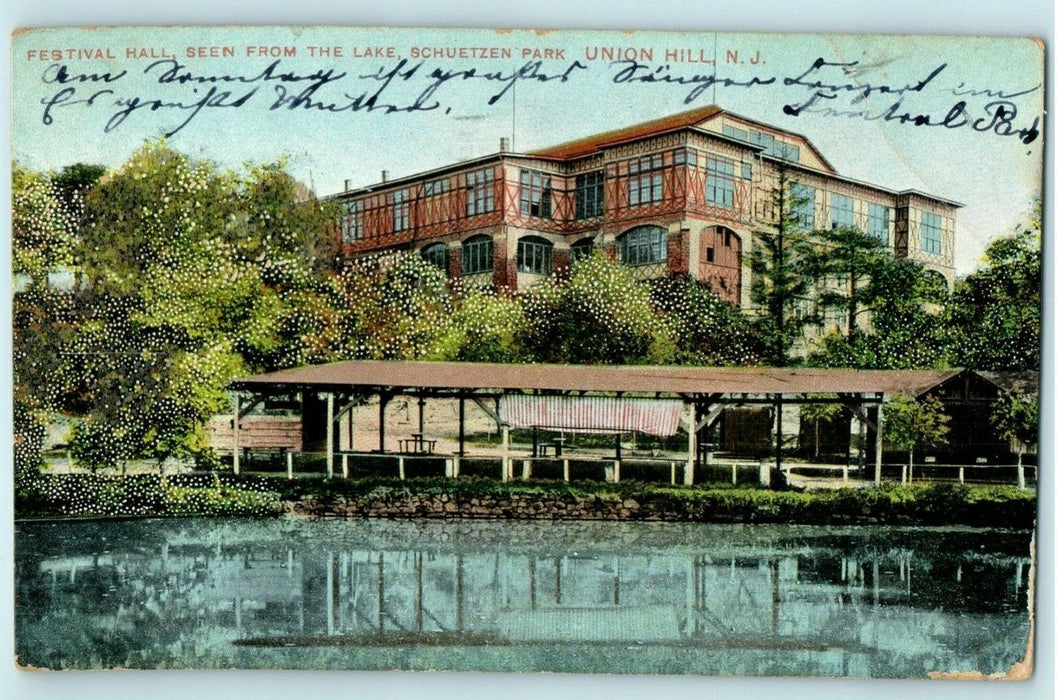 1910 Festival Hall Lake Schuetzen Park Union Hill New Jersey NJ Glitter Postcard