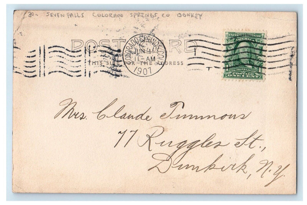 1907 Seven Falls Colorado Springs CO, Donkey RPPC Photo Waterfalls Postcard