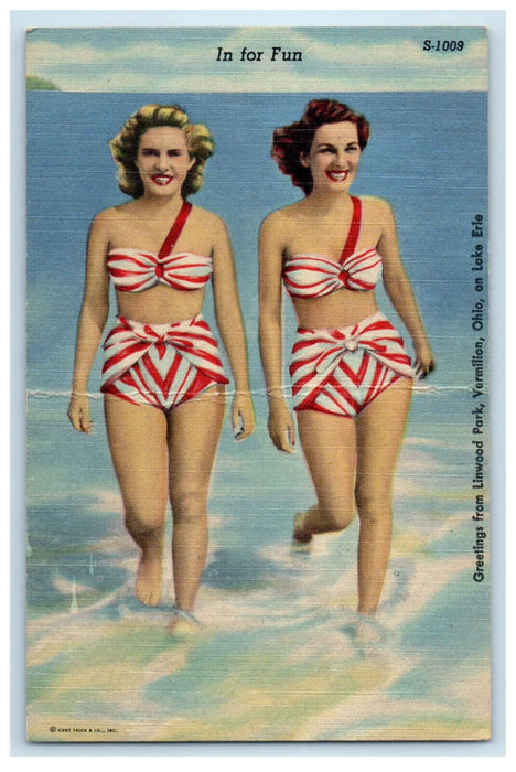 c1940s CT Bathing Girls, Greetings from Linwood Park, Vermilion OH Postcard
