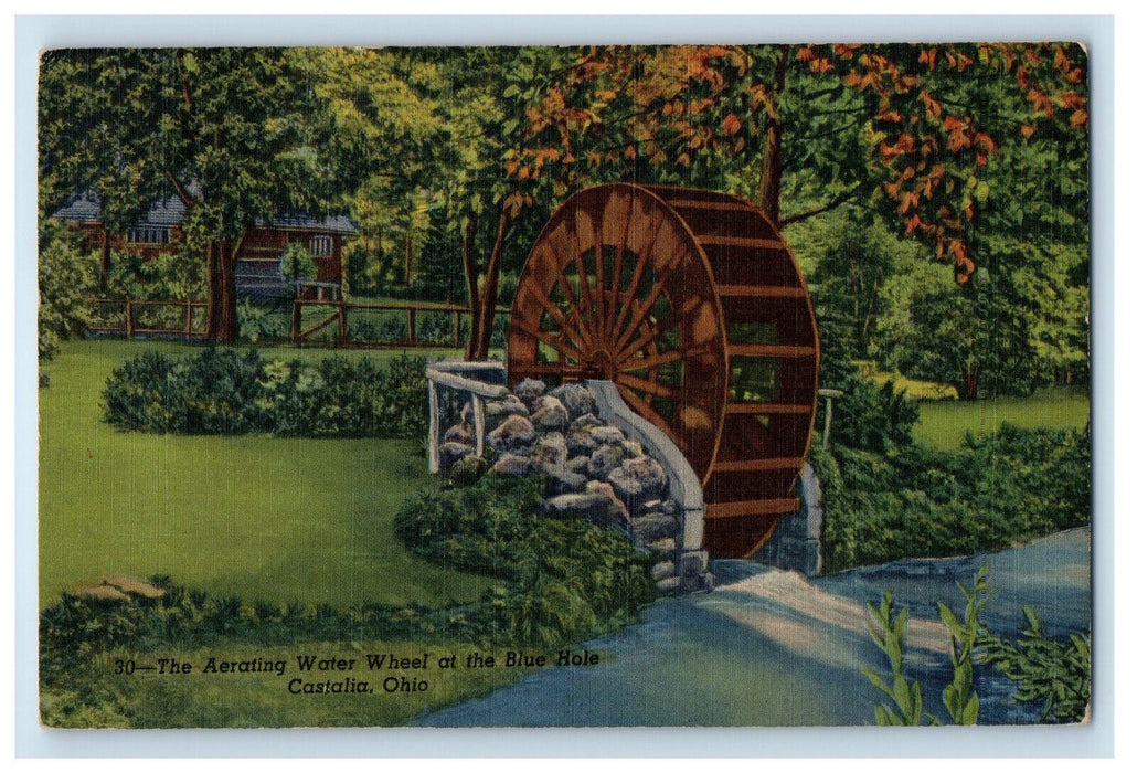 1958 The Aerating Water Wheel at the Blue Hole, Castalia Ohio OH Postcard