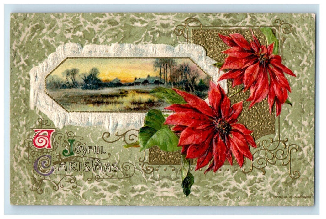 c1910's A Joyful Christmas Poinsettia Flowers Winsch Back Embossed Postcard