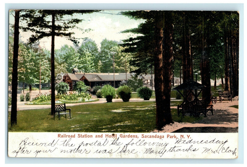 1906 Railroad Station and Hotel Gardens Sacandaga Park New York NY Postcard