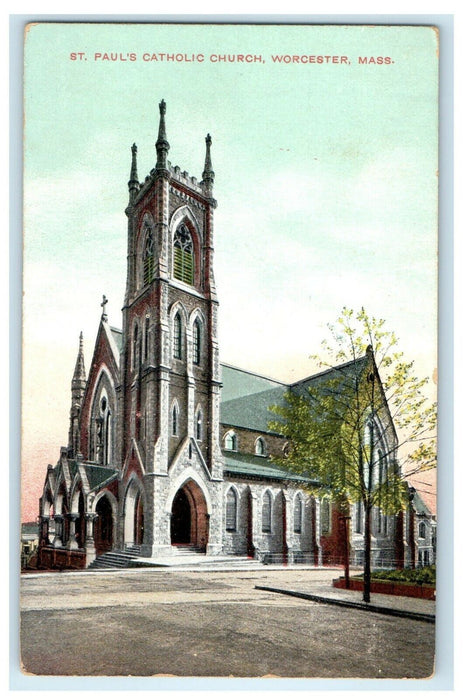 1912 St Paul's Catholic Church Scene, Worcester, Massachusetts MA Postcard