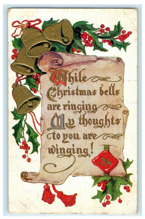 Vintage 1910's Christmas Bells Holly Scroll Tassel Embossed Antique Postcard