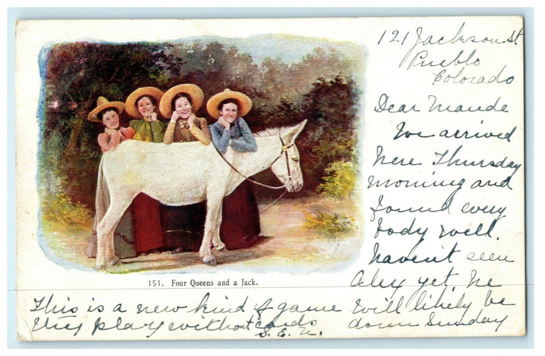1907 Four Queens and a Jack Ass Donkey Embossed Girls Pueblo Colorado Postcard