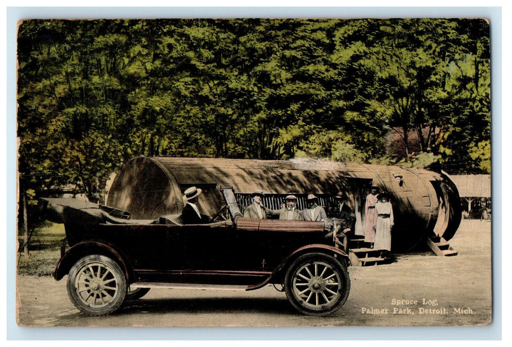 1915 Spruce Log, Antique Car Palmer Park, Detroit Michigan MI Postcard