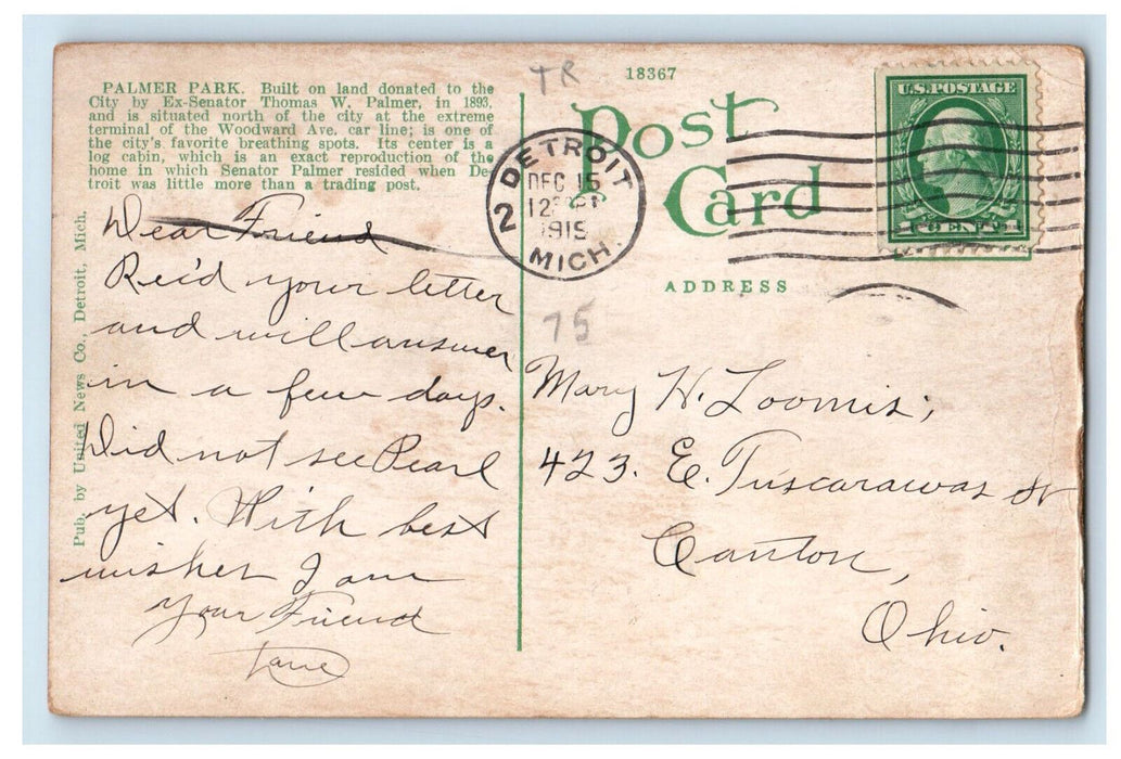 1915 Spruce Log, Antique Car Palmer Park, Detroit Michigan MI Postcard