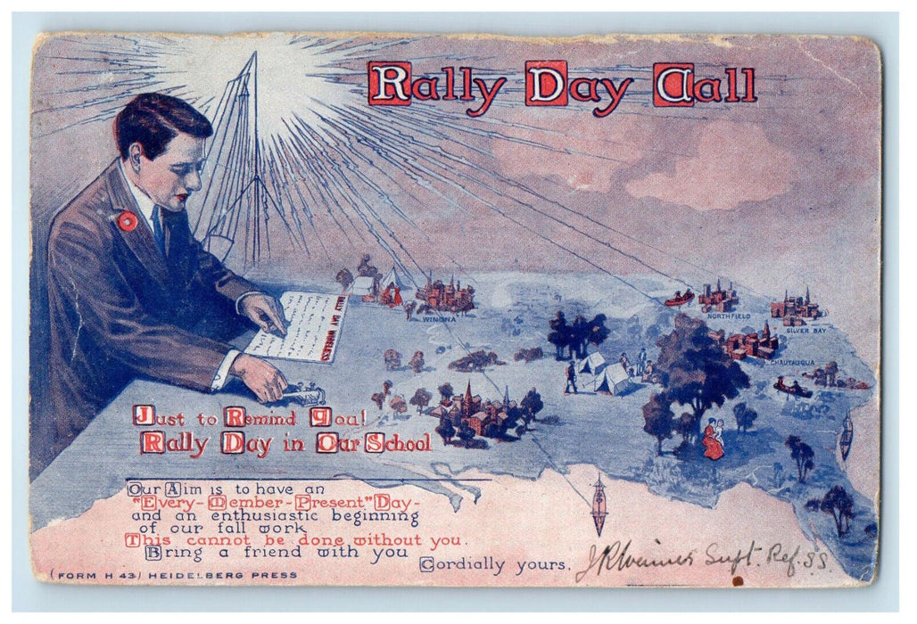 1911 Rally Day Call, Man Writing, Map, Boat Wooster Ohio OH Posted Postcard