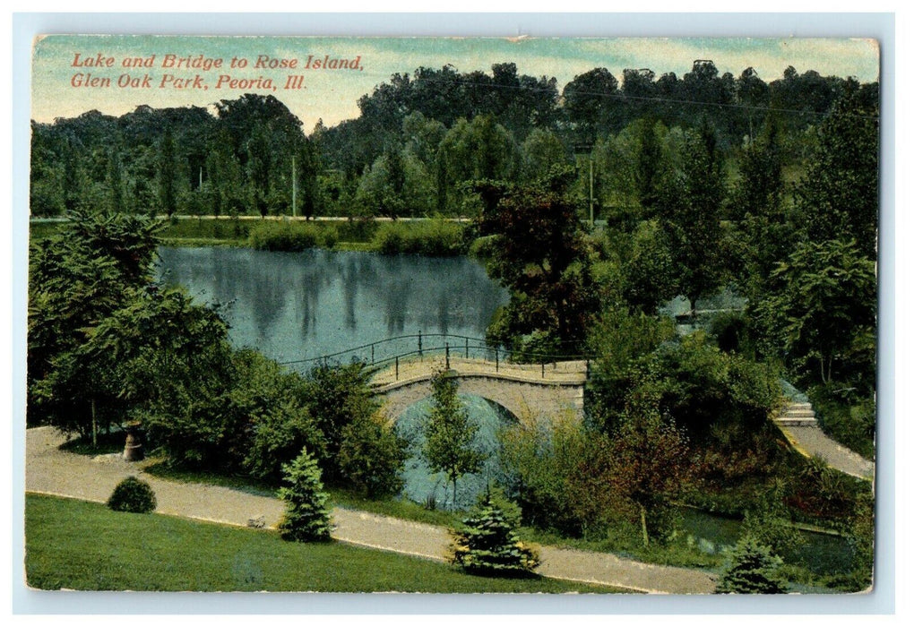 c1910's Lake And Bridge To Rose Island Glen Oak Park Peoria Illinois IL Postcard