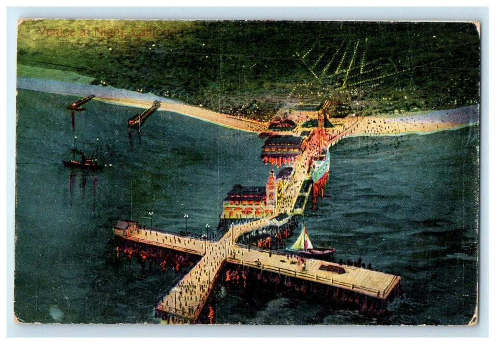 Aerial View Venice At Night Pacific Railway Los Angeles California CA Postcard