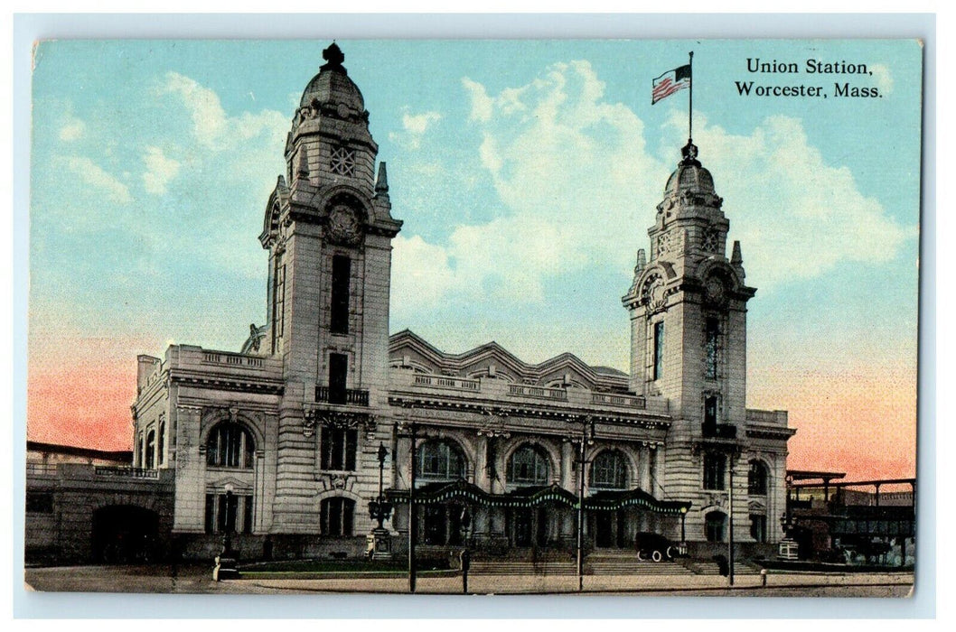 1913 Front View, Union Station, Worcester Massachusetts MA Antique Postcard