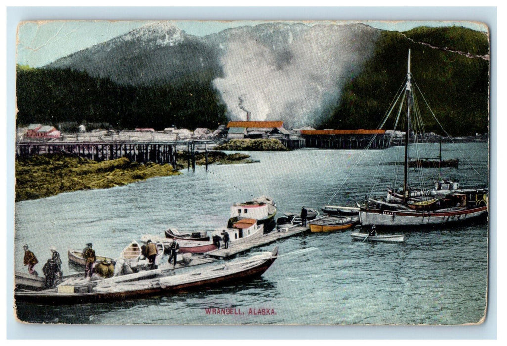 1910 Scene of Boats, Big Smoke, Landing, Wrangell Alaska AK Posted Postcard