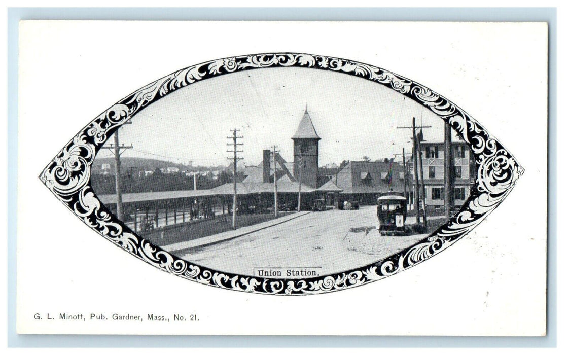 c1905 Union Station Depot Railroad Train Gardner Massachusetts MA Postcard