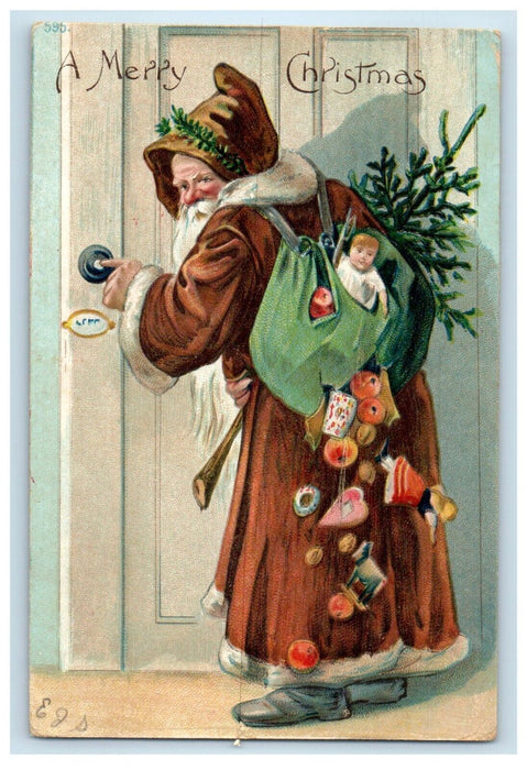 1908 Christmas Greetings Brown Robe Old World Santa Toys Germany Postcard