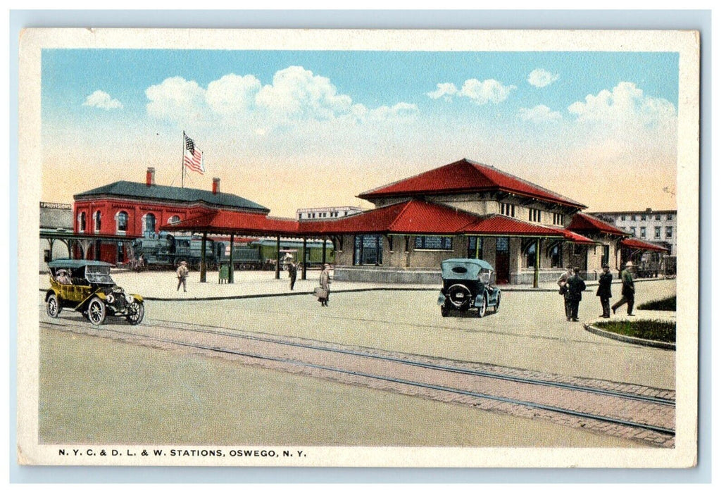 N. Y. C. & D. L. & W. Railroad Depot Station Cars Oswego New York NY Postcard