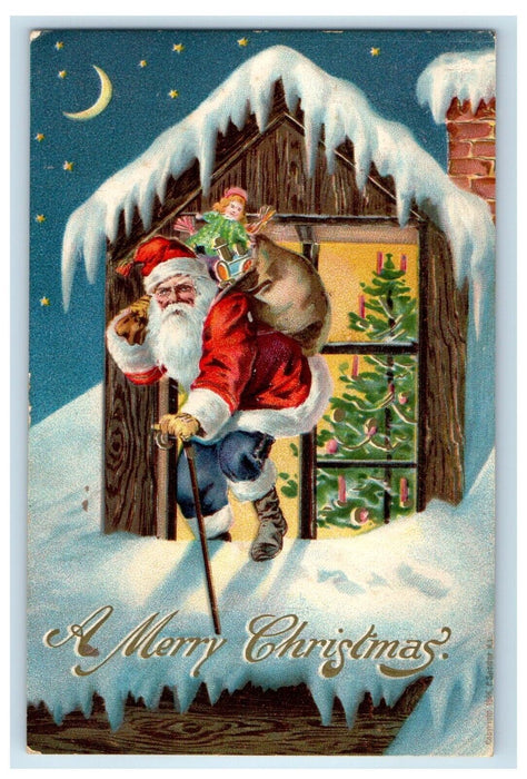 1907 Christmas Greetings Santa Claus House Sock Of Toys Winter Snow Postcard