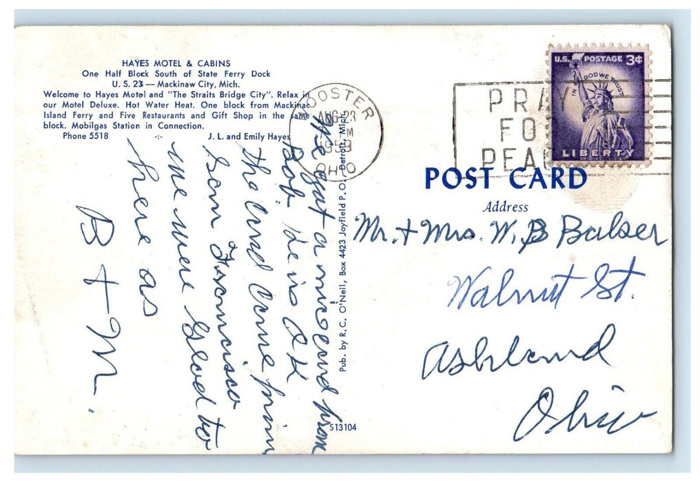1959 Hayes Motel & Cabins Roadside Mackinaw Michigan MI Posted Vintage Postcard