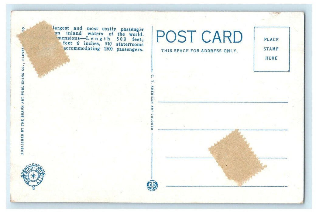 c1920s The Great Ship "Seeandbee" Between Buffalo and Cleveland Postcard
