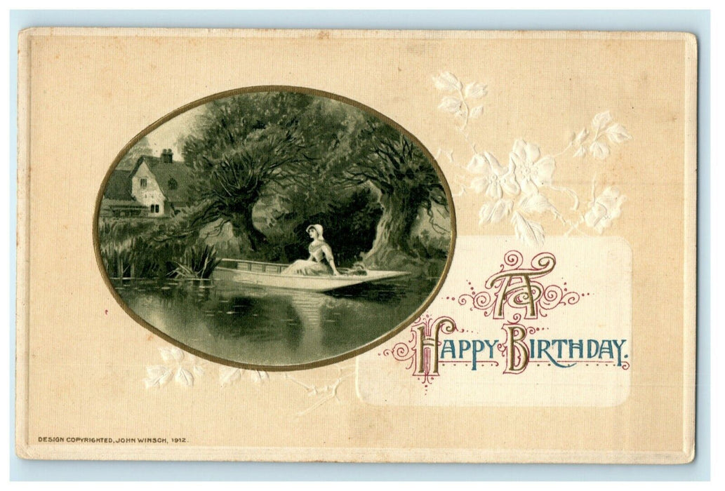 1912 John Winsch Happy Birthday Woman in Boat Lake Embossed Postcard