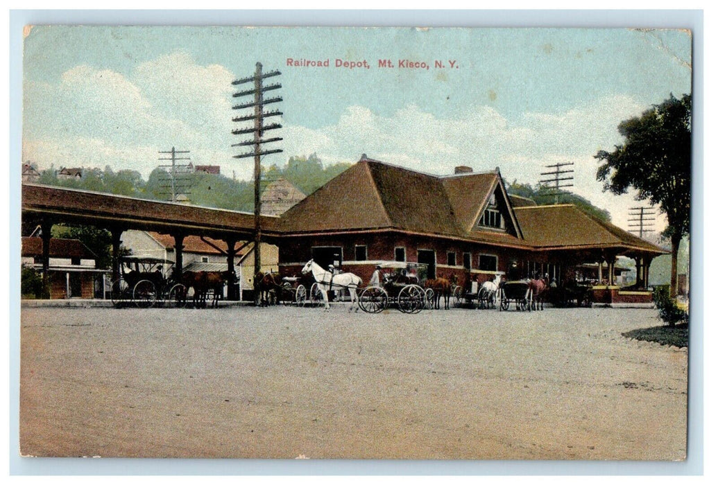 c1910's Railroad Depot Railroad Train Horse Carriage Mt. Kisco NY Postcard