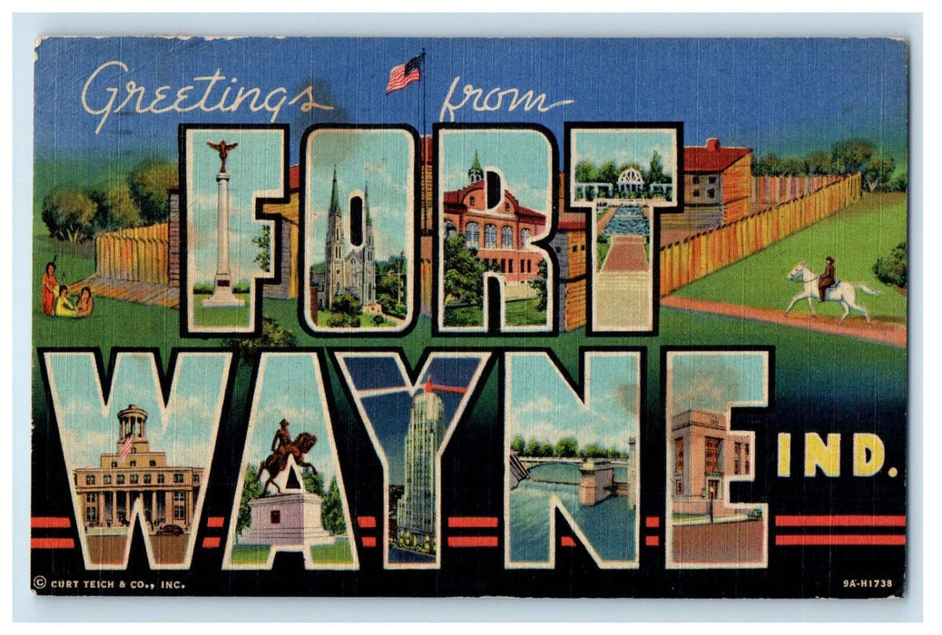 1953 Big Letters, US Flag, Horse, Greetings from Fort Wayne IN Postcard
