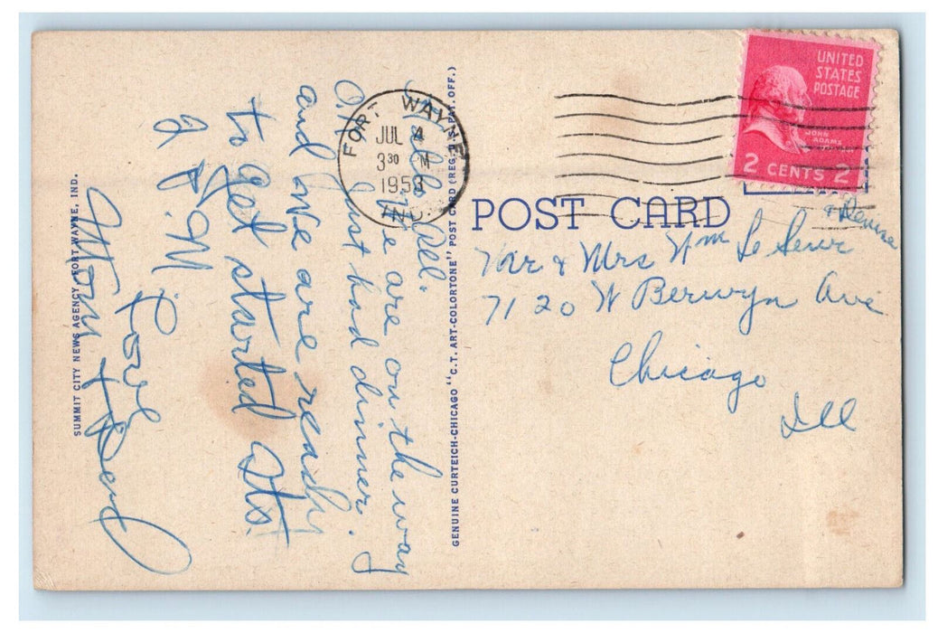 1953 Big Letters, US Flag, Horse, Greetings from Fort Wayne IN Postcard