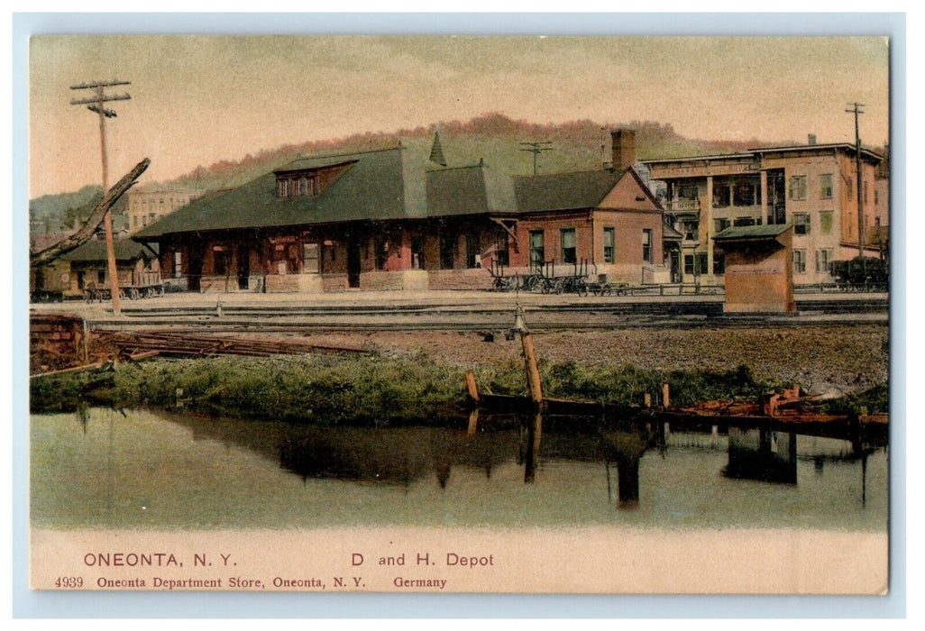 c1905 Oneonta NY, D And H Depot Station Railroad Train Unposted Antique Postcard