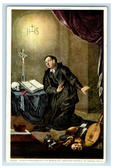c1910 Loyola Renouncing The World St. Ignatius Church. St. Ignace MI Postcard