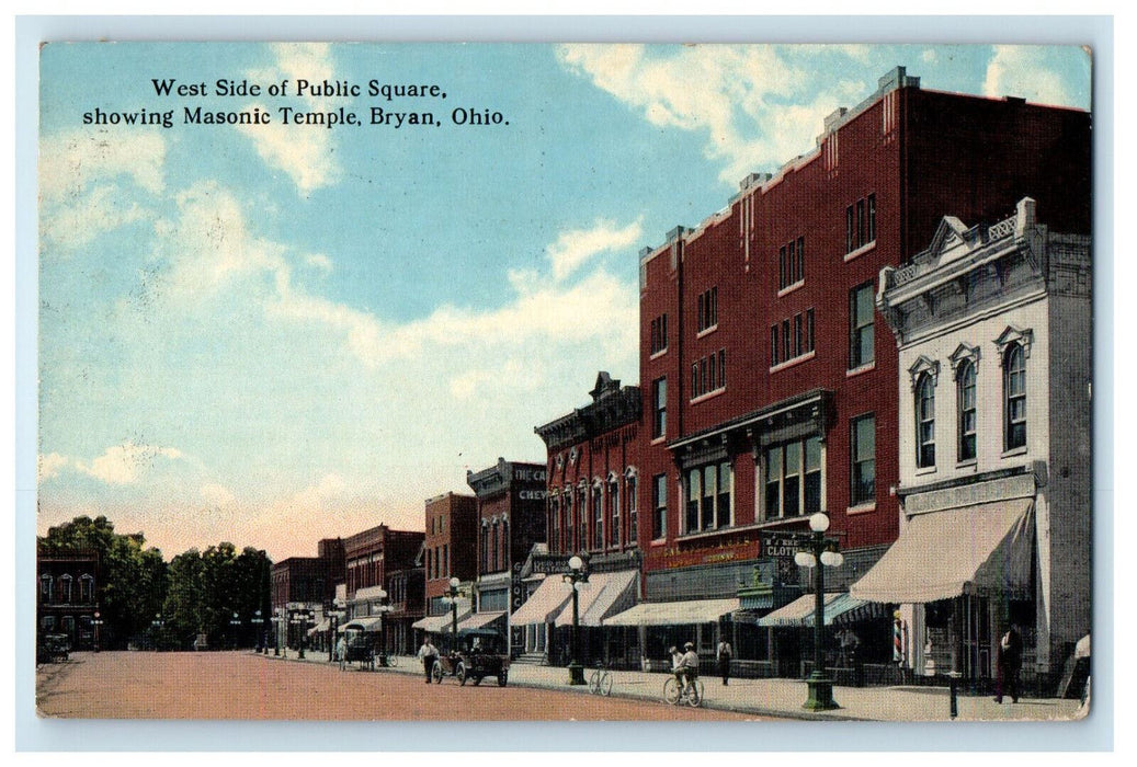 c1910 West Side of Public Square Showing Masonic Temple Bryan Ohio OH Postcard