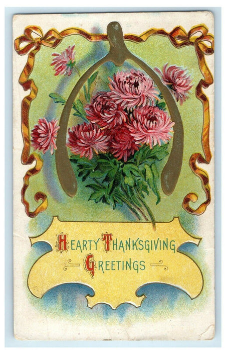 c1910's Hearty Thanksgiving Greetings Turkey Wishbone Pink Flowers Postcard