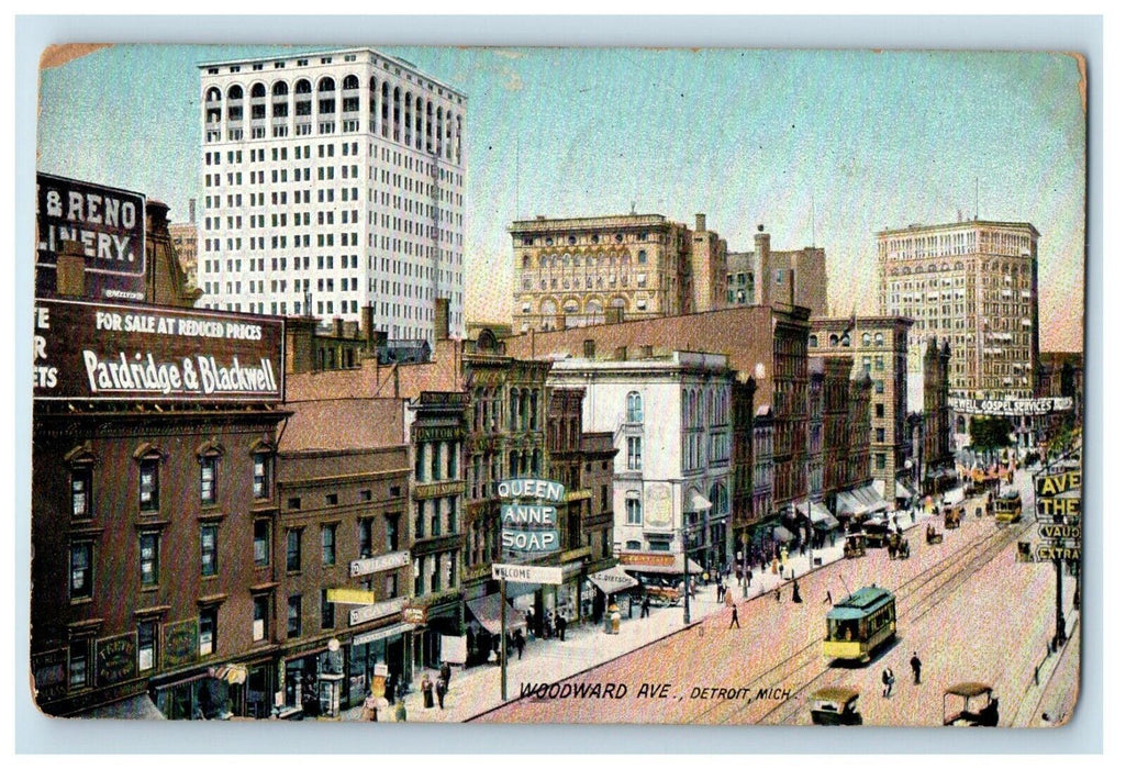 Woodward Avenue Pardridge & Blackwell Trolley Detroit Michigan MI Postcard