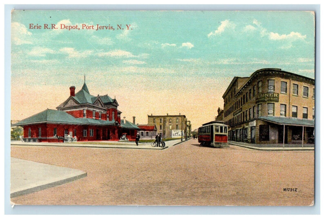 c1910's Erie R.R Railroad Trolley Train Depot Station Port Jervis NY Postcard