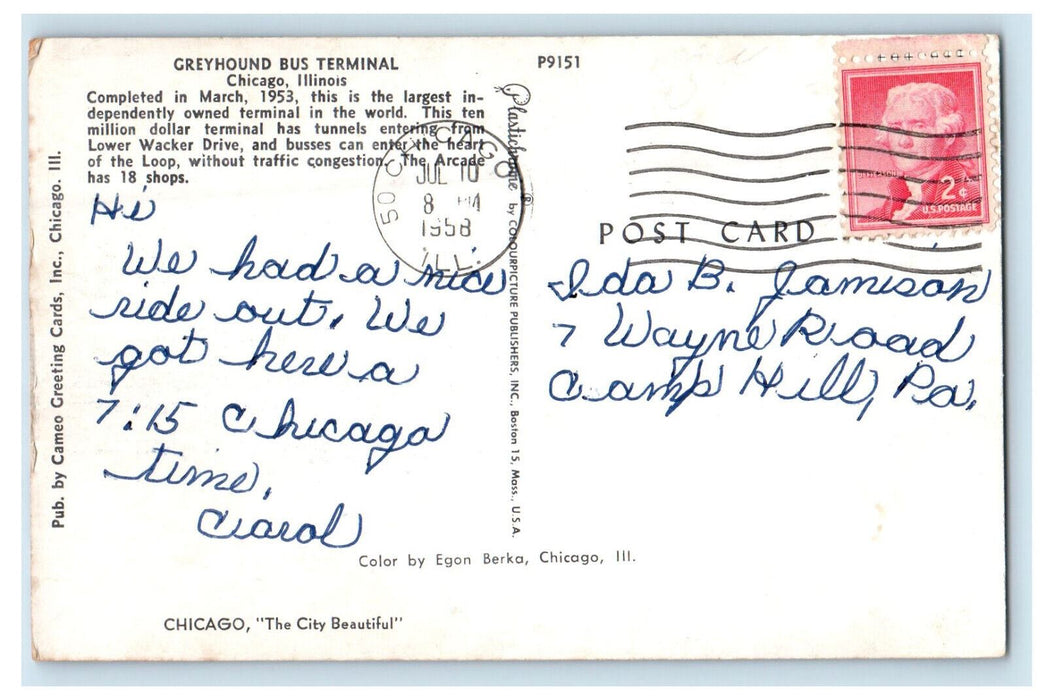 1958 Greyhound Bus Terminal Chicago Illinois IL Posted Vintage Postcard