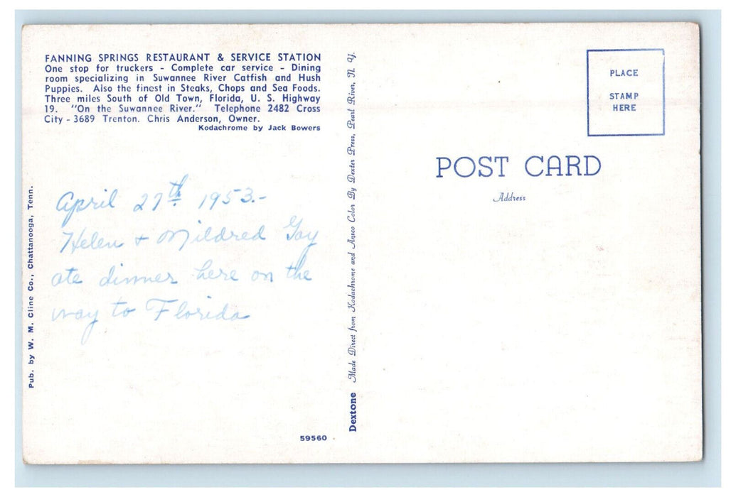 1953 Fanning Springs Restaurant & Service Station, Swanee River Postcard