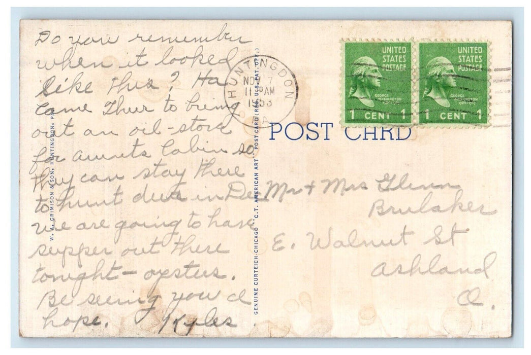 1953 Huntington PA, Showing Canal Single Track P. R. R. Railroad Posted Postcard