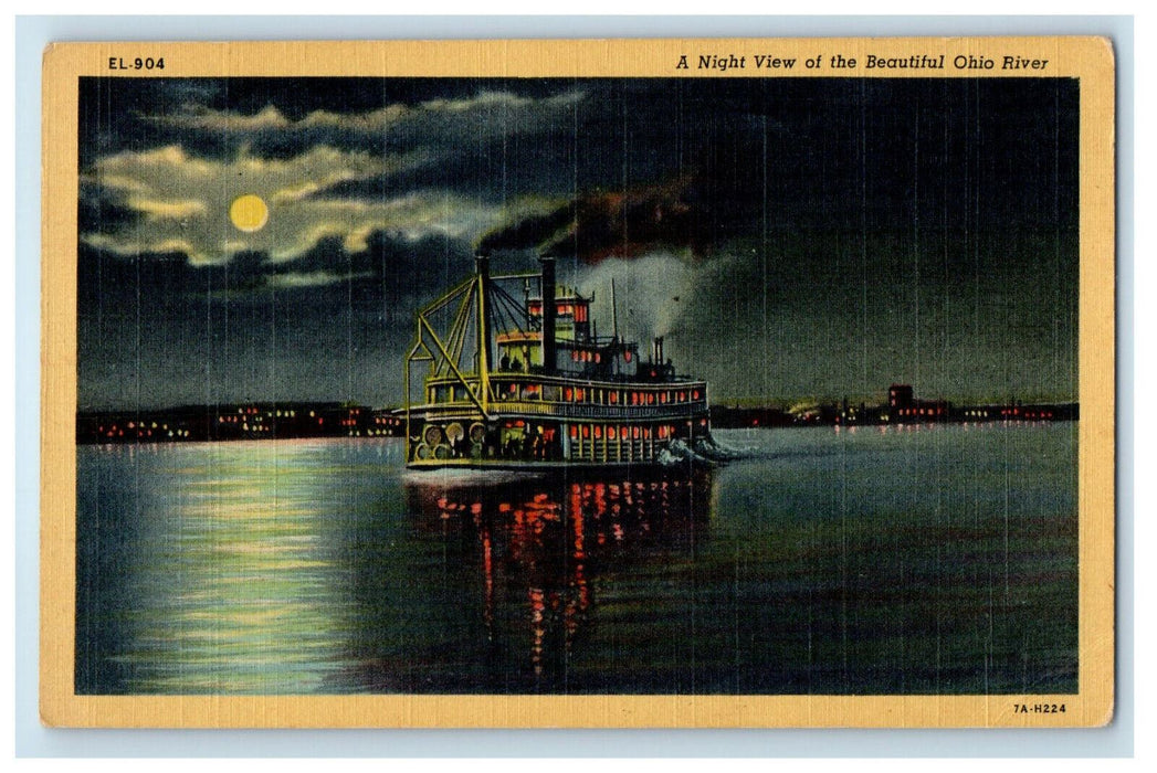 1951 Steamer Scene, Beautiful Ohio River at Moonlight Vintage Postcard