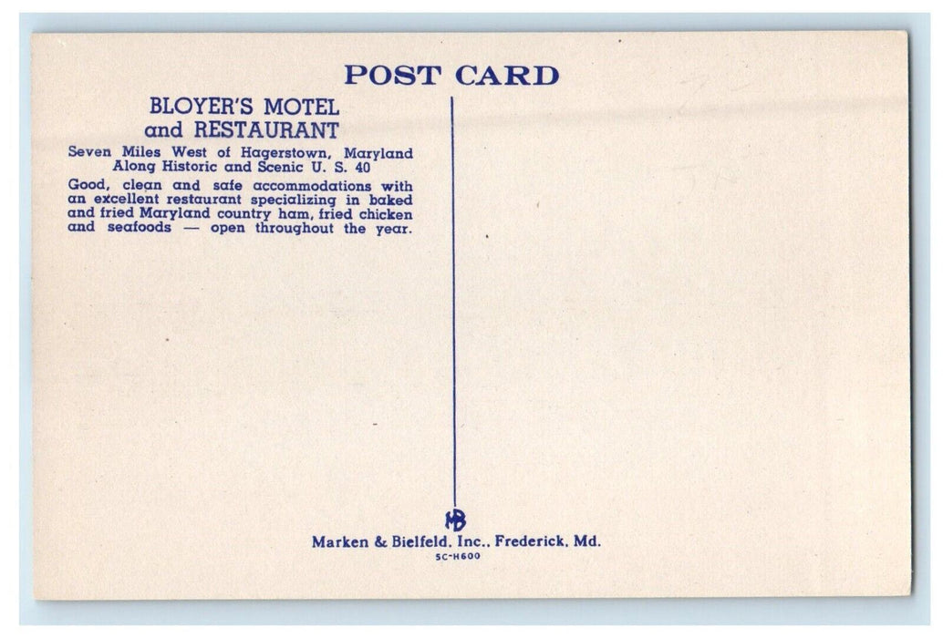c1950's Bloyer's Motel And Restaurant Hagerstown Maryland MD Vintage Postcard