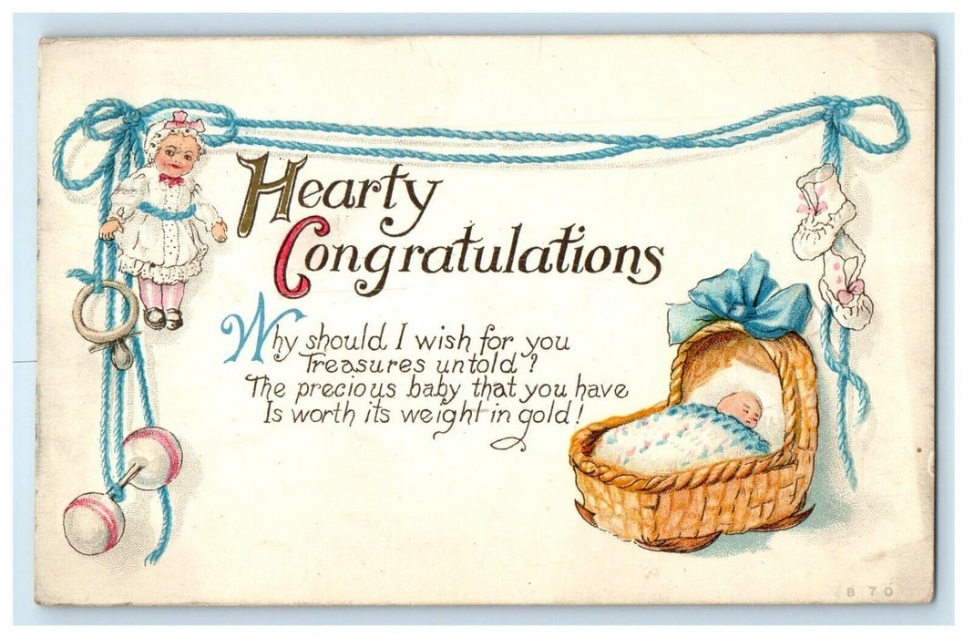 1914 Hearty Congratulations Baby Bassinet Blue Ribbon Yarn Embossed Postcard
