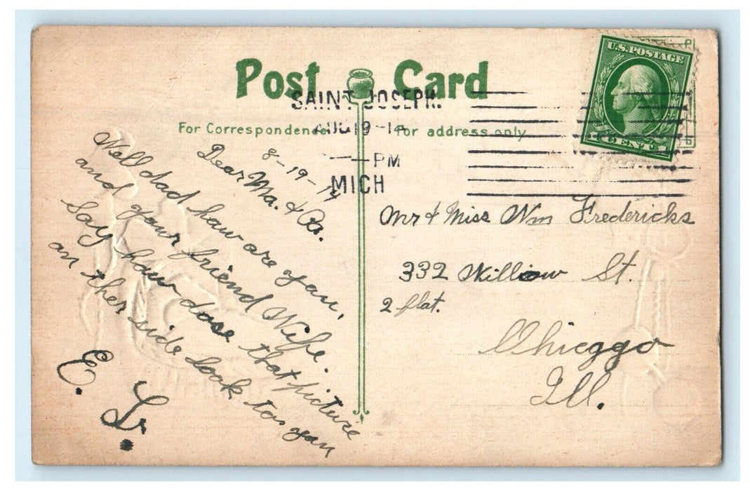 1914 Hearty Congratulations Baby Bassinet Blue Ribbon Yarn Embossed Postcard