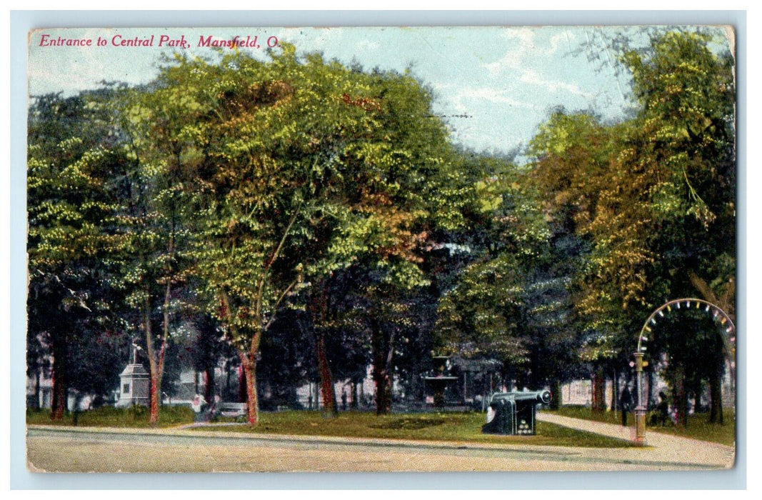 1910 Cannon, Arch, Monument Entrance to Central Park Mansfield Ohio OH Postcard