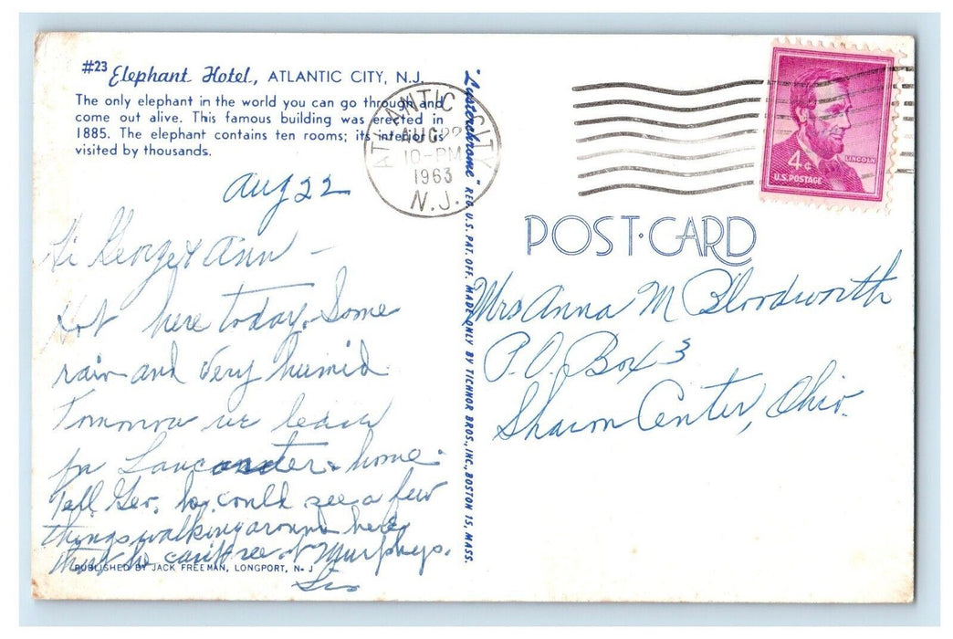 1963 Elephant Hotel Cars Atlantic City New Jersey NJ Posted Vintage Postcard