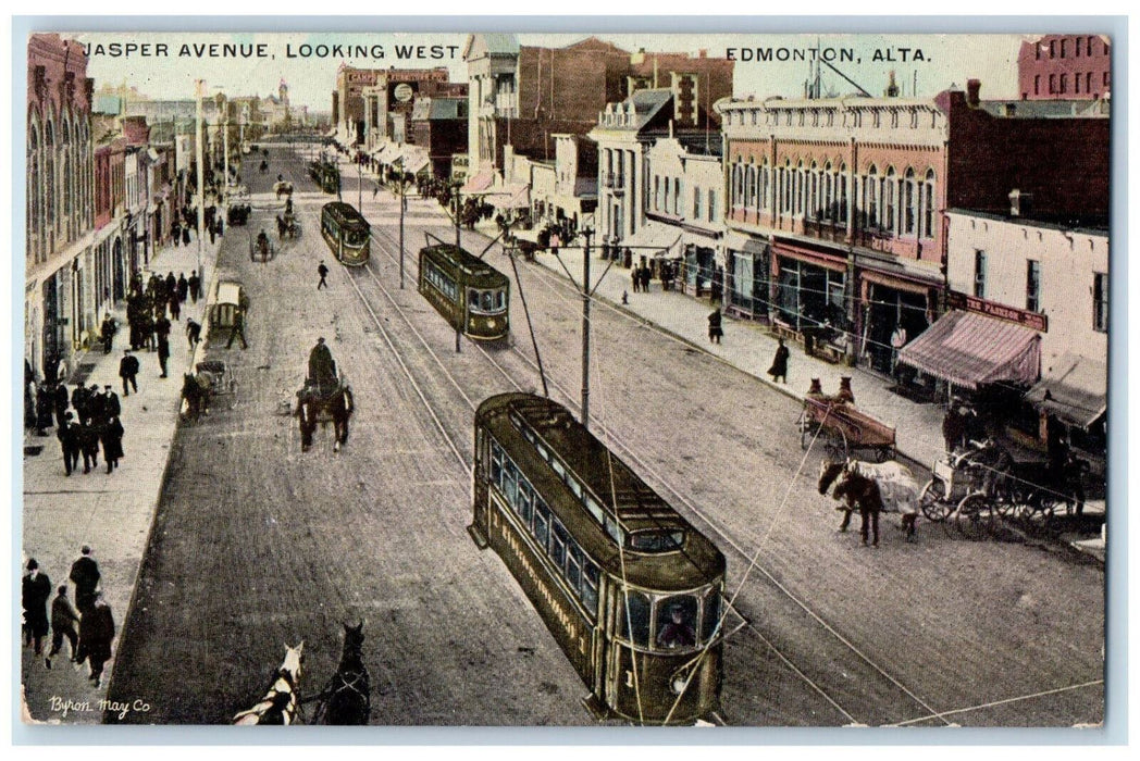 c1910 Trolley Car Jasper Avenue Looking West Edmonton Alberta Canada Postcard