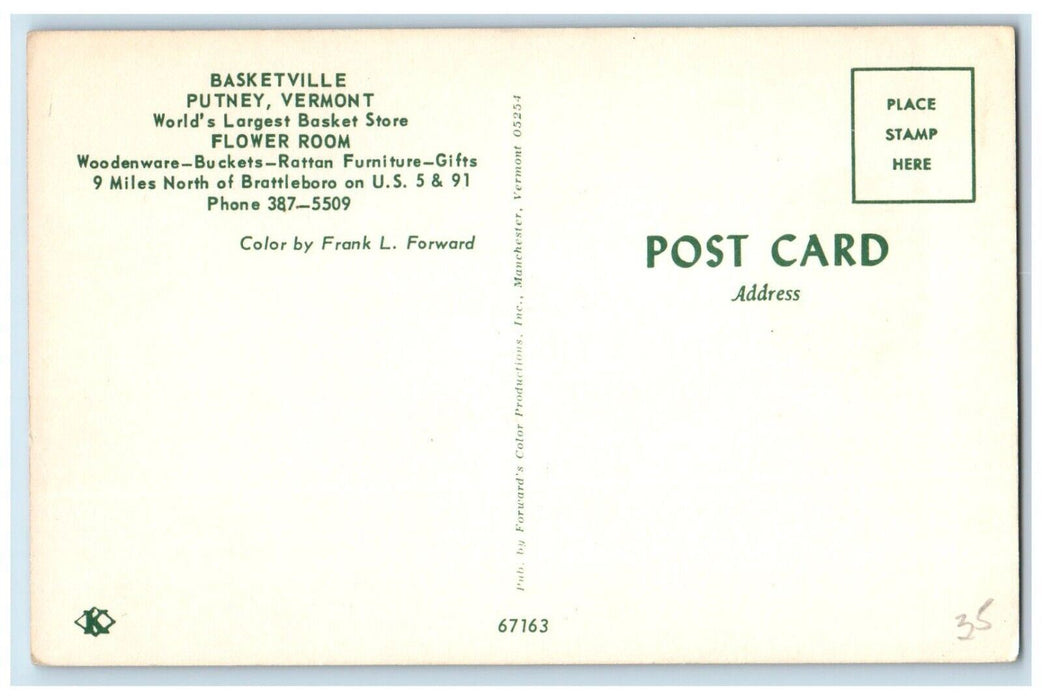 Basketville Flower Room Woodenware Buckets Rattan Furniture Putney VT Postcard