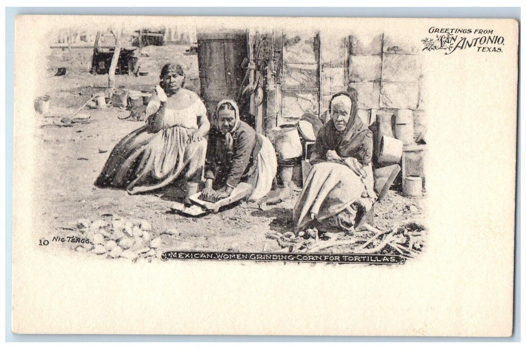 Greetings From San Antonio TX, Mexican Women Grinding Corn Tortillas Postcard