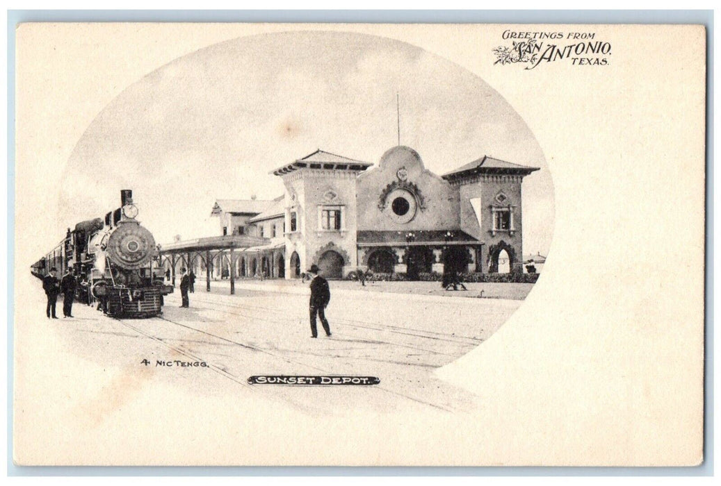 Greetings From San Antonio Texas TX, Sunset Depot Locomotive Train Postcard