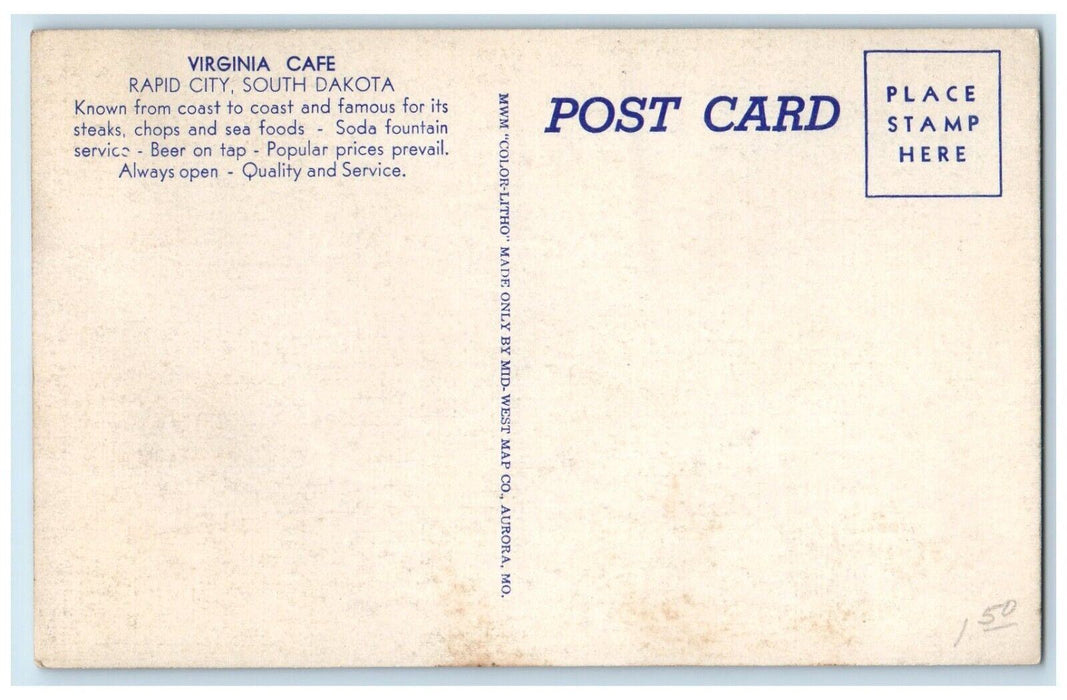 Virginia Cafe Dining Room Interior View Rapid City South Dakota SD Postcard