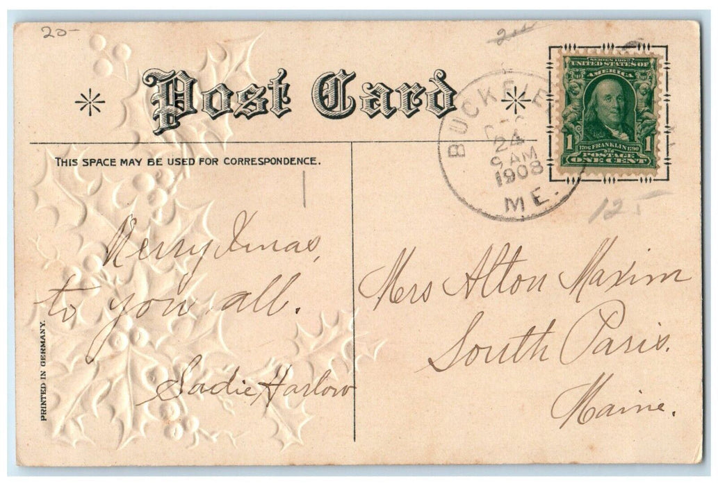 1907 Christmas Wishes Two Cats Holly Berries Embossed Posted Antique Postcard