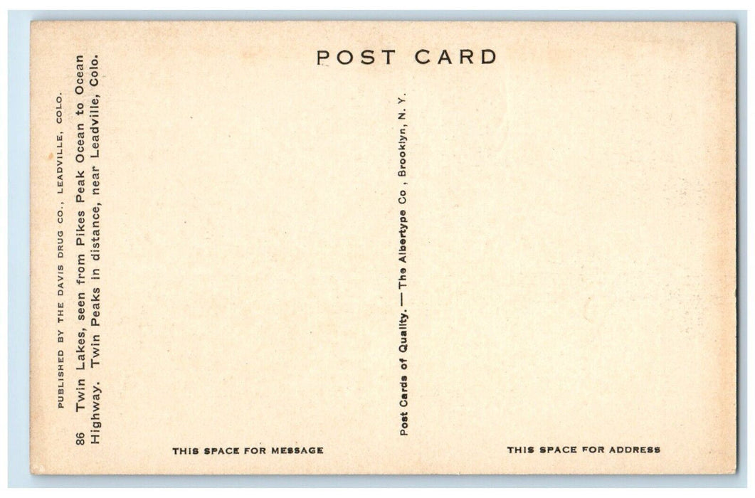 c1926 Twin Lakes Pikes Peak Ocean Highway Leadville Colorado CO Posted Postcard
