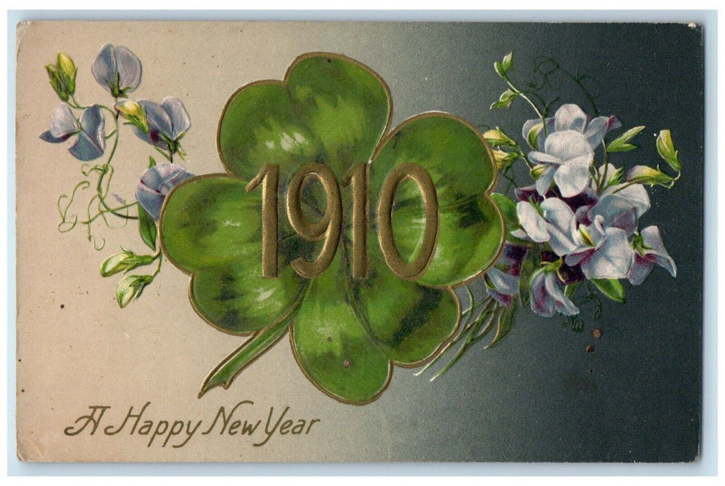1910 New Year Shamrock Pansies Flowers Embossed Winsch Back Halfway MI Postcard