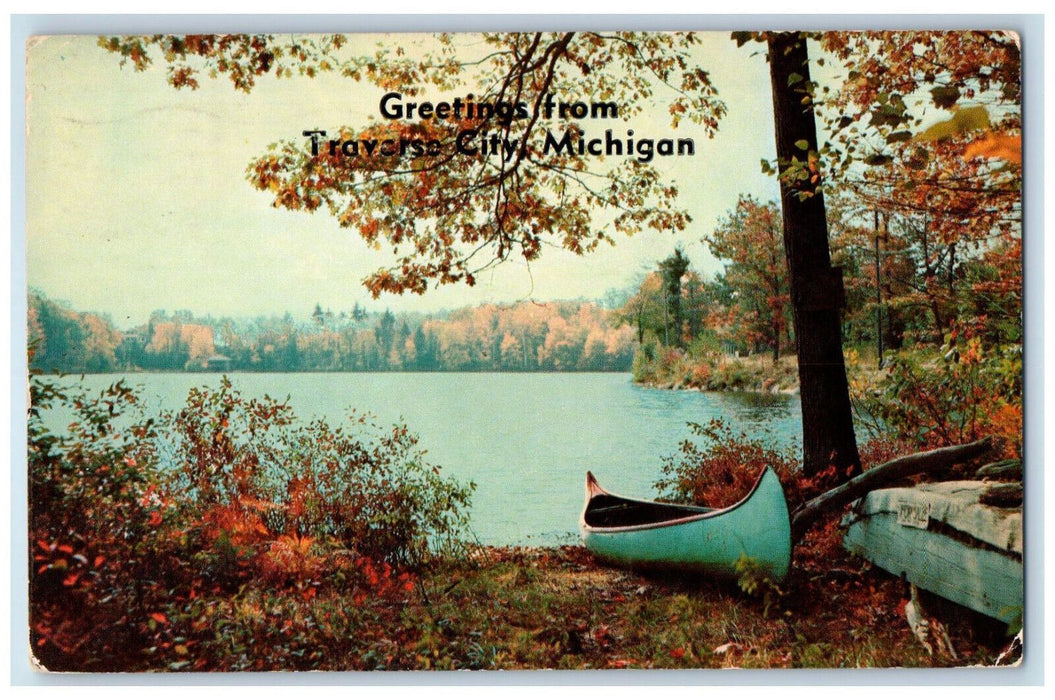 1961 Canoe Boat Greetings from Traverse City Michigan MI Vintage Postcard